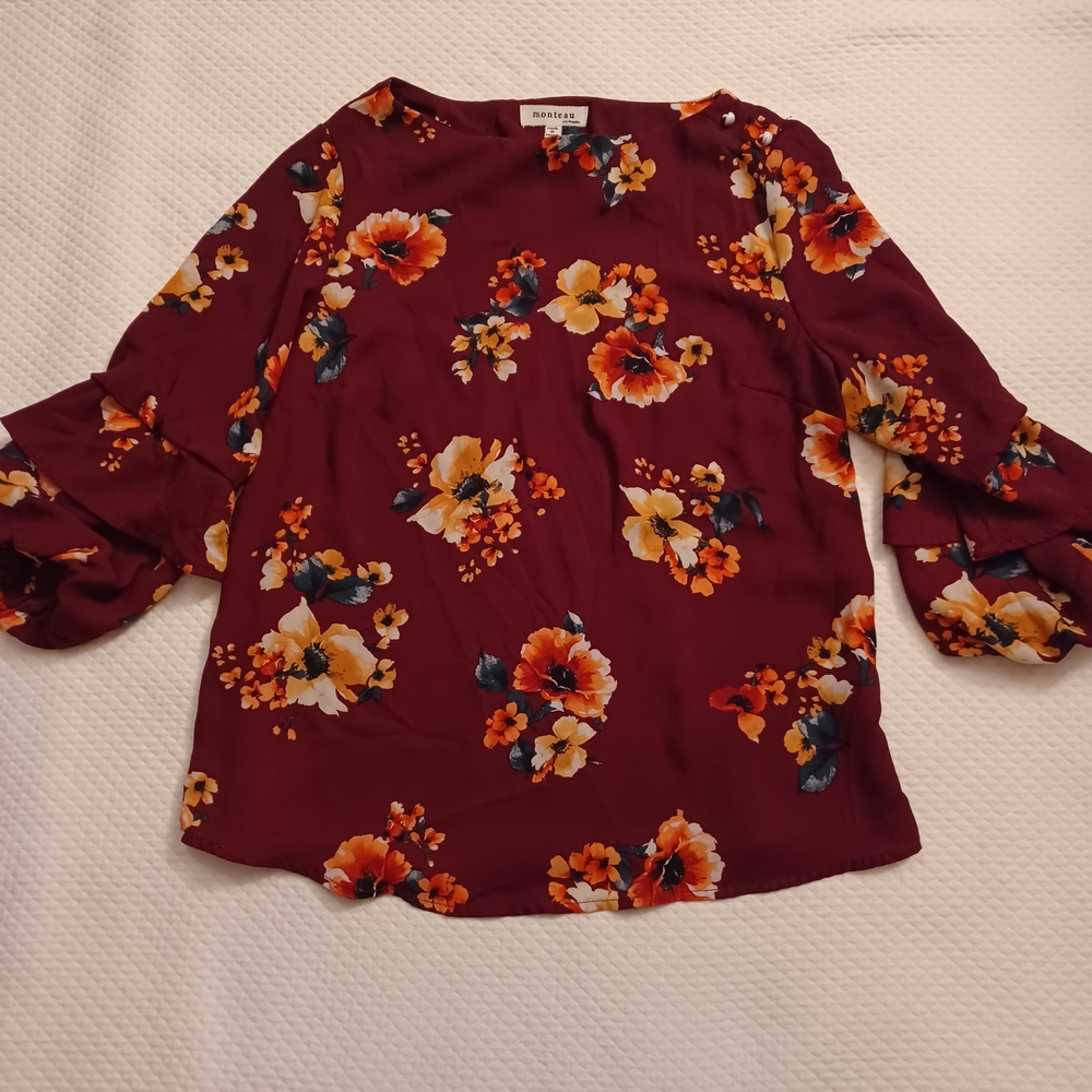 Monteau Los Angeles Elegant Floral Blouse in Rich Burgundy Women's Size Medium